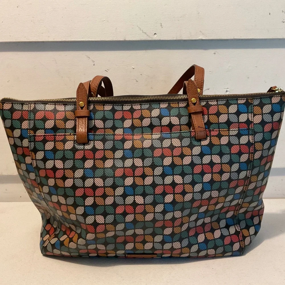 Fossil Rachel Tote Bag PVC Multicolor Fall Geometric Print Coated Canvas ZB7305